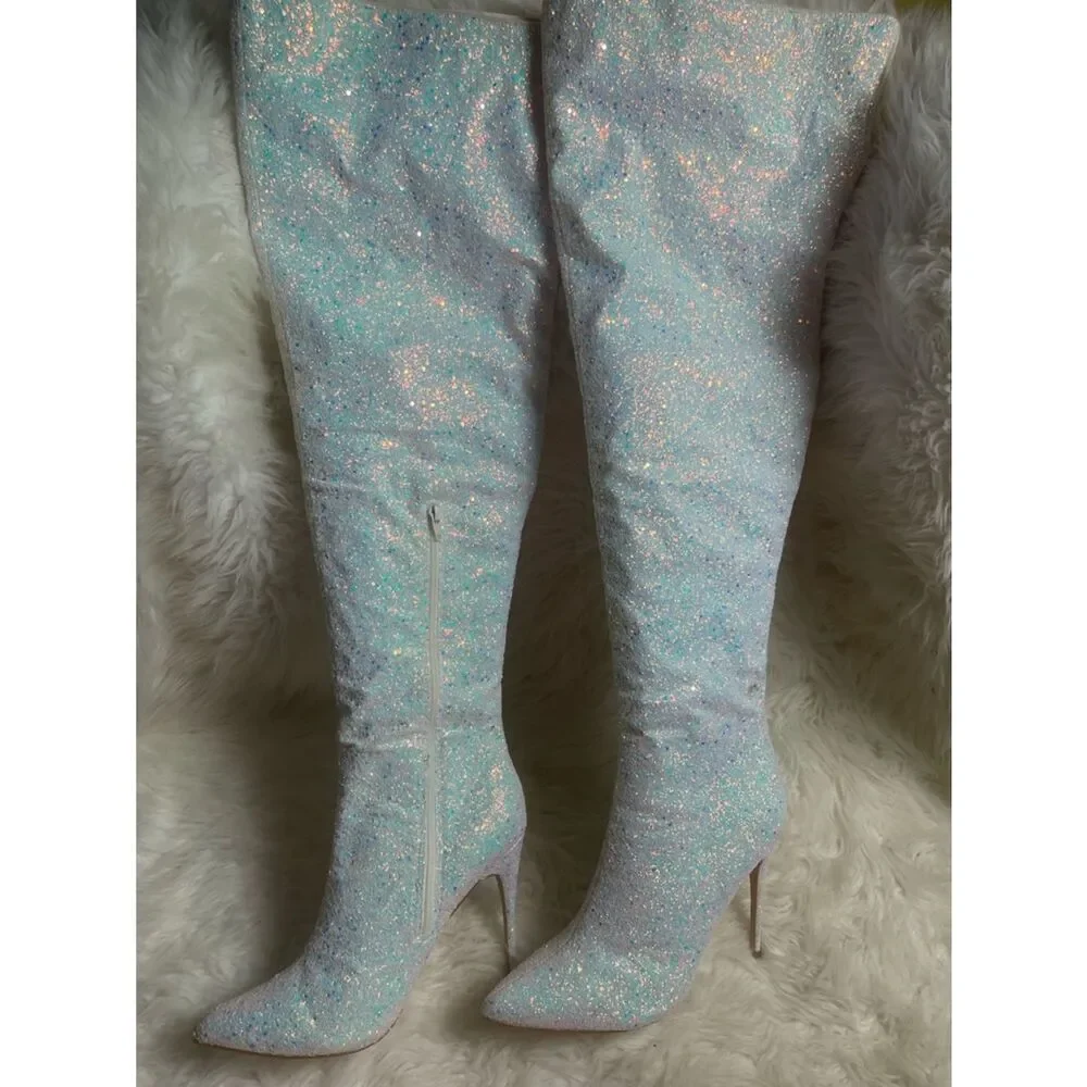 Pleaser Courtly 3015 synthetic white Iridescent glitter over the knee boots SZ13